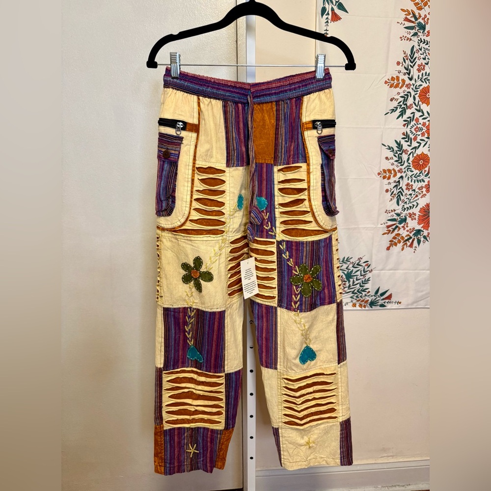 NWT Rising International Hippie Boho Cotton Multi Patchwork Razor Cut Pants